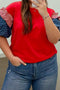 Striped Ruffle Star Print Bubble Sleeve Patchwork Top