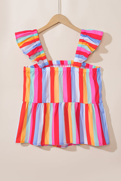Striped Ruffle Strap Square Neck Babydoll Top