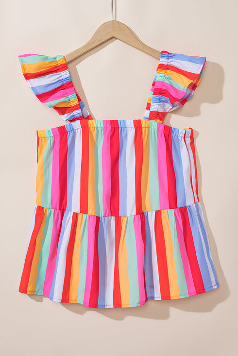 Striped Ruffle Strap Square Neck Babydoll Top