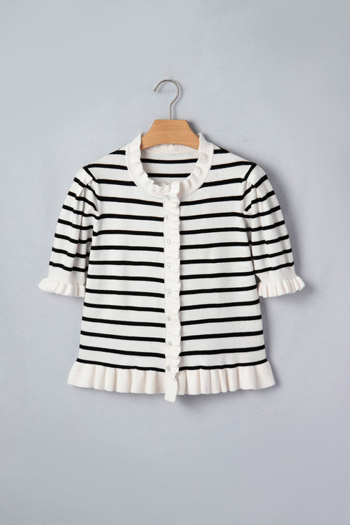 Striped Ruffle Trim Button Down Short Sleeve Sweater