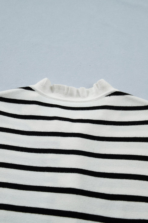 Striped Ruffle Trim Button Down Short Sleeve Sweater