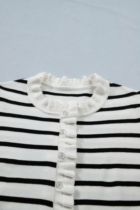 Striped Ruffle Trim Button Down Short Sleeve Sweater