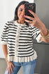 Striped Ruffle Trim Button Down Short Sleeve Sweater