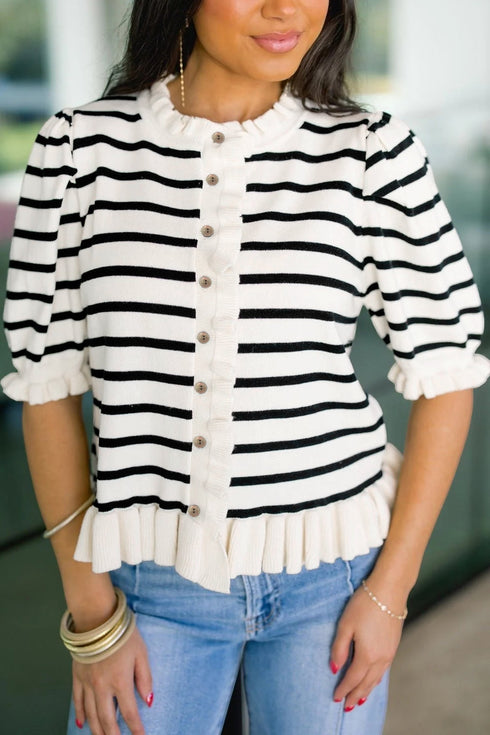 Striped Ruffle Trim Button Down Short Sleeve Sweater