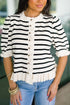 Striped Ruffle Trim Button Down Short Sleeve Sweater