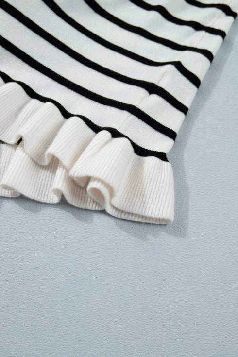 Striped Ruffle Trim Button Down Short Sleeve Sweater