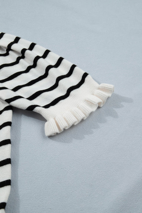 Striped Ruffle Trim Button Down Short Sleeve Sweater