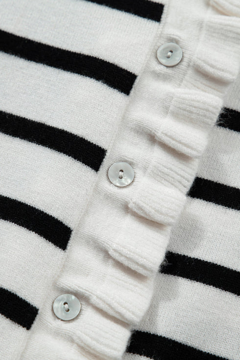 Striped Ruffle Trim Button Down Short Sleeve Sweater