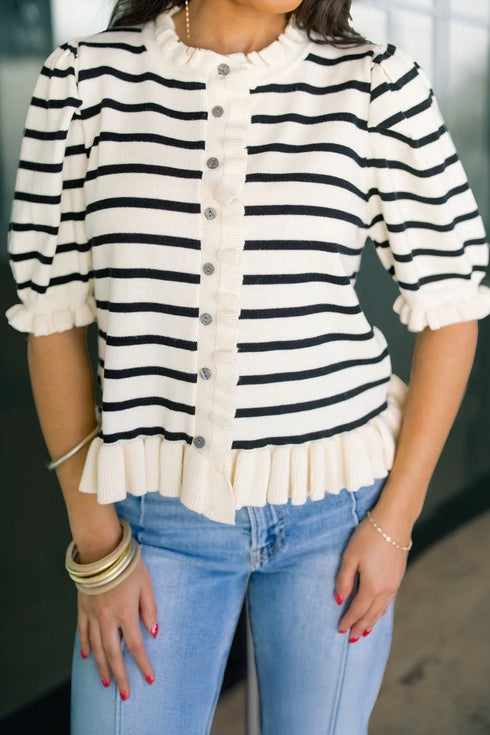 Striped Ruffle Trim Button Down Short Sleeve Sweater