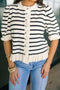 Striped Ruffle Trim Button Down Short Sleeve Sweater