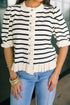 Striped Ruffle Trim Button Down Short Sleeve Sweater
