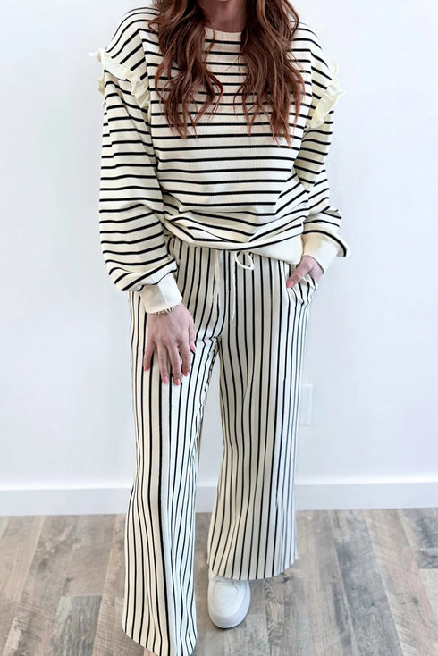 Striped Ruffle Trim Drop Shoulder Wide Leg Pant Set
