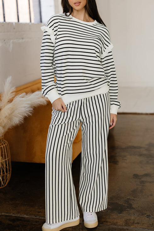 Striped Ruffle Trim Drop Shoulder Wide Leg Pant Set