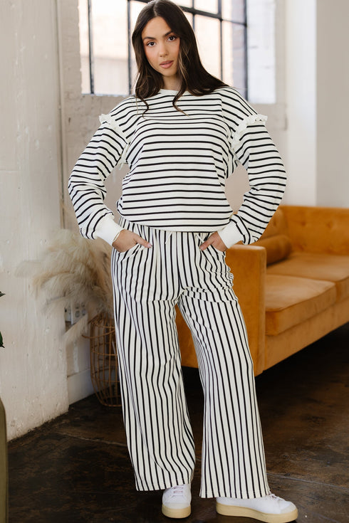Striped Ruffle Trim Drop Shoulder Wide Leg Pant Set