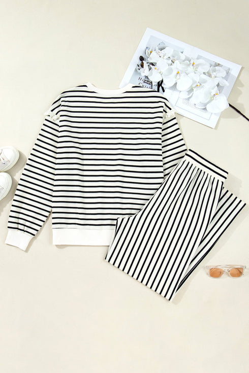 Striped Ruffle Trim Drop Shoulder Wide Leg Pant Set