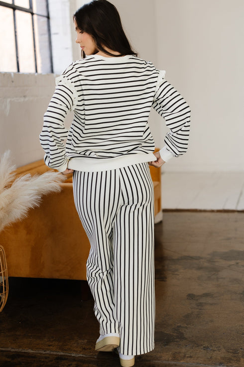 Striped Ruffle Trim Drop Shoulder Wide Leg Pant Set