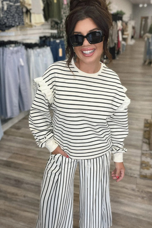 Striped Ruffle Trim Drop Shoulder Wide Leg Pant Set