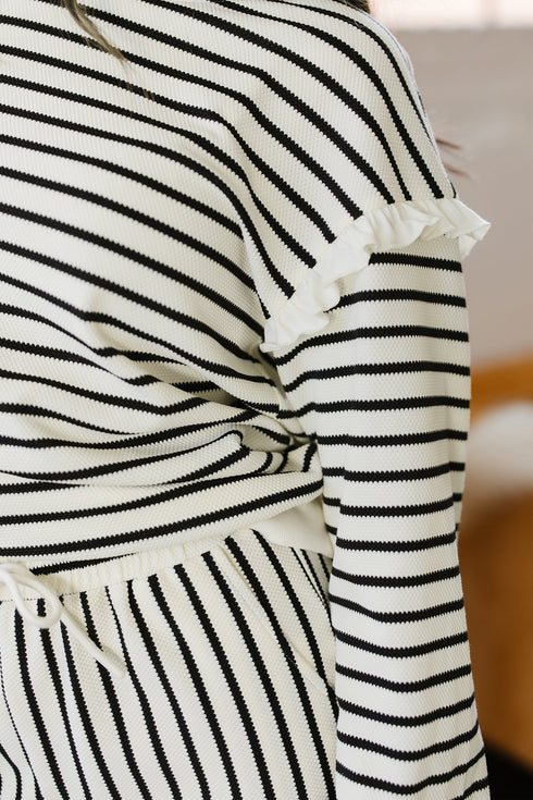 Striped Ruffle Trim Drop Shoulder Wide Leg Pant Set