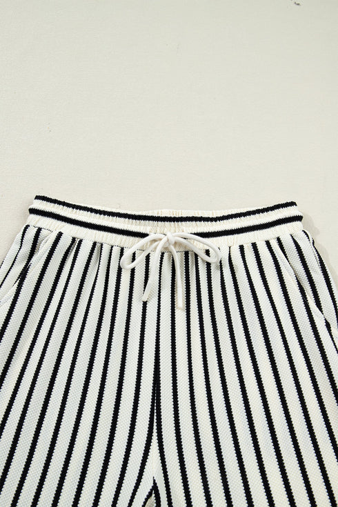 Striped Ruffle Trim Drop Shoulder Wide Leg Pant Set