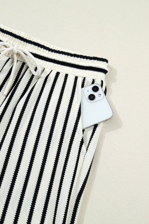 Striped Ruffle Trim Drop Shoulder Wide Leg Pant Set