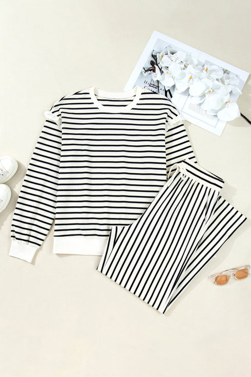Striped Ruffle Trim Drop Shoulder Wide Leg Pant Set