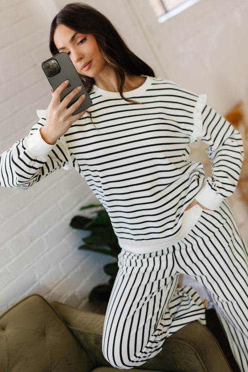 Striped Ruffle Trim Drop Shoulder Wide Leg Pant Set