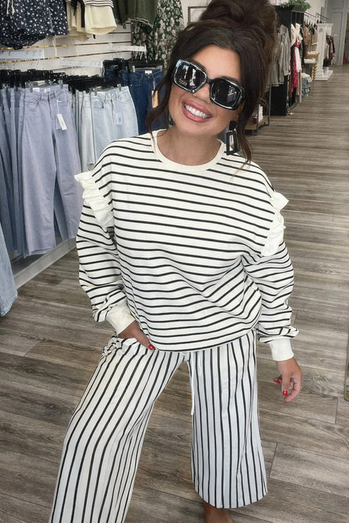 Striped Ruffle Trim Drop Shoulder Wide Leg Pant Set