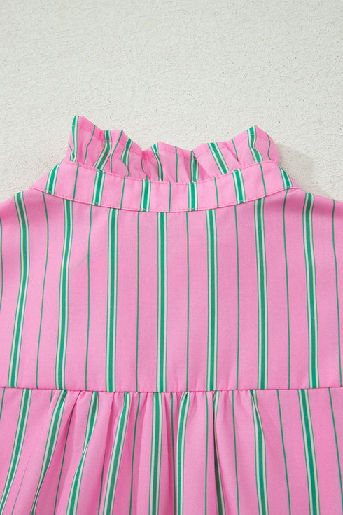 Striped Ruffle Trim Half Button Puff Sleeve Blouse