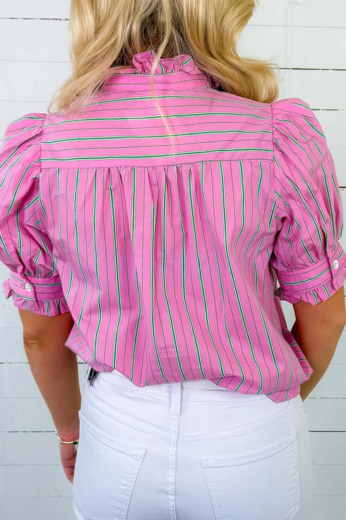 Striped Ruffle Trim Half Button Puff Sleeve Blouse