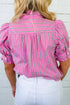 Striped Ruffle Trim Half Button Puff Sleeve Blouse