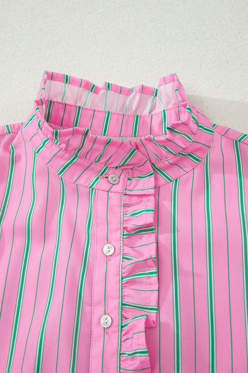 Striped Ruffle Trim Half Button Puff Sleeve Blouse
