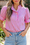 Striped Ruffle Trim Half Button Puff Sleeve Blouse