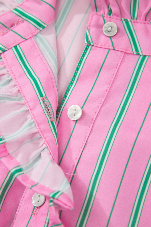 Striped Ruffle Trim Half Button Puff Sleeve Blouse