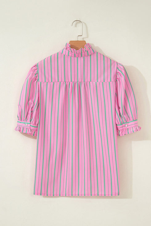 Striped Ruffle Trim Half Button Puff Sleeve Blouse