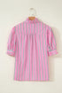 Striped Ruffle Trim Half Button Puff Sleeve Blouse