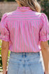 Striped Ruffle Trim Half Button Puff Sleeve Blouse