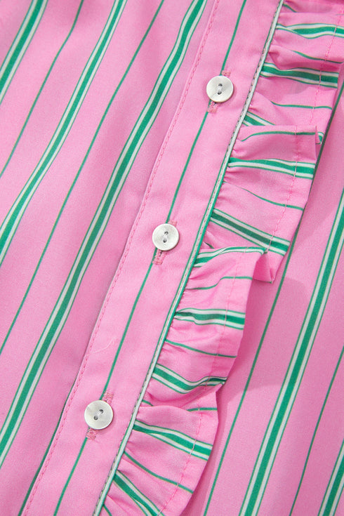 Striped Ruffle Trim Half Button Puff Sleeve Blouse