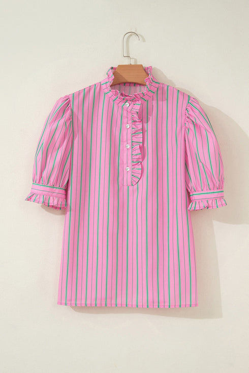 Striped Ruffle Trim Half Button Puff Sleeve Blouse