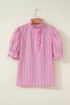 Striped Ruffle Trim Half Button Puff Sleeve Blouse