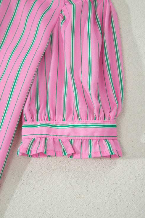 Striped Ruffle Trim Half Button Puff Sleeve Blouse