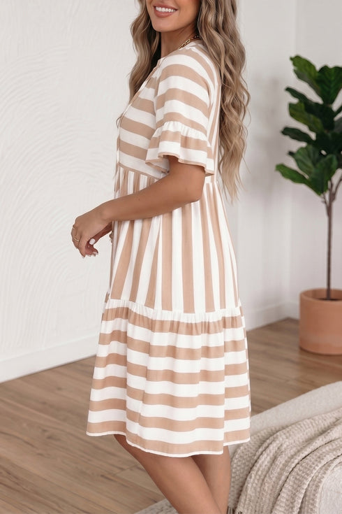 Striped Ruffle Trim Tie Front Short Sleeve Mini Dress