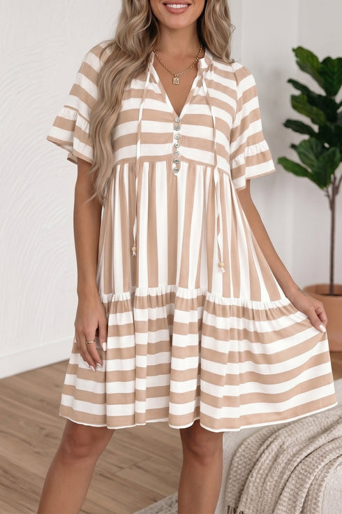 Striped Ruffle Trim Tie Front Short Sleeve Mini Dress
