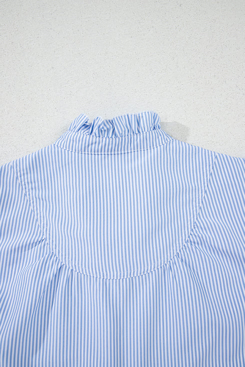Striped Ruffled Collar Puff Sleeve Half Button Front Blouse