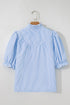 Striped Ruffled Collar Puff Sleeve Half Button Front Blouse