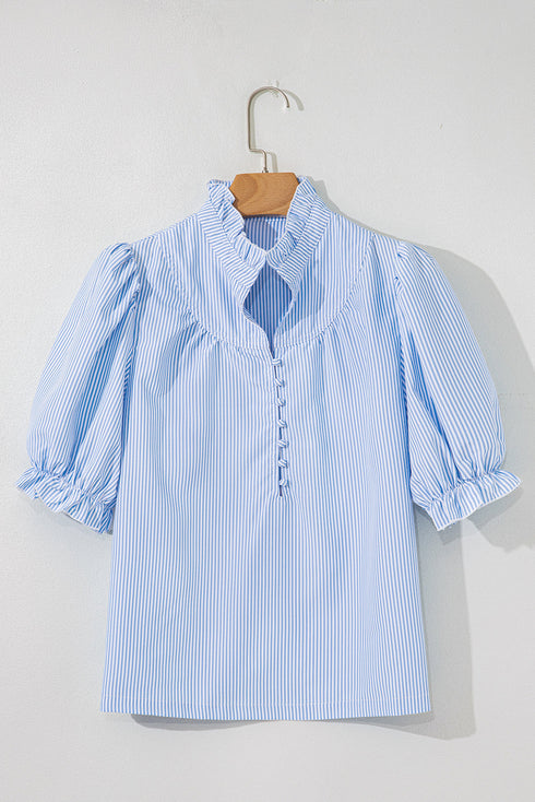 Striped Ruffled Collar Puff Sleeve Half Button Front Blouse