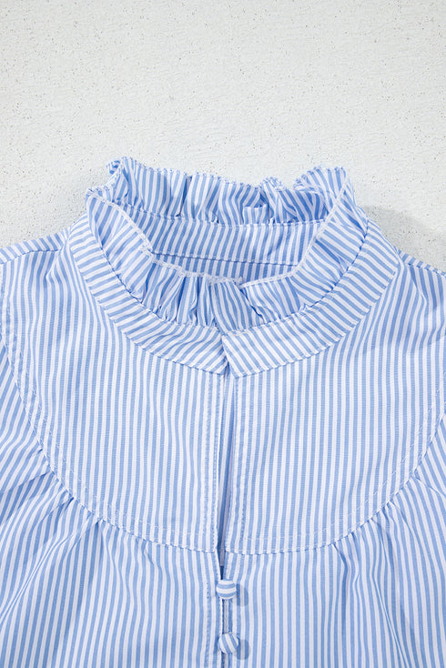 Striped Ruffled Collar Puff Sleeve Half Button Front Blouse