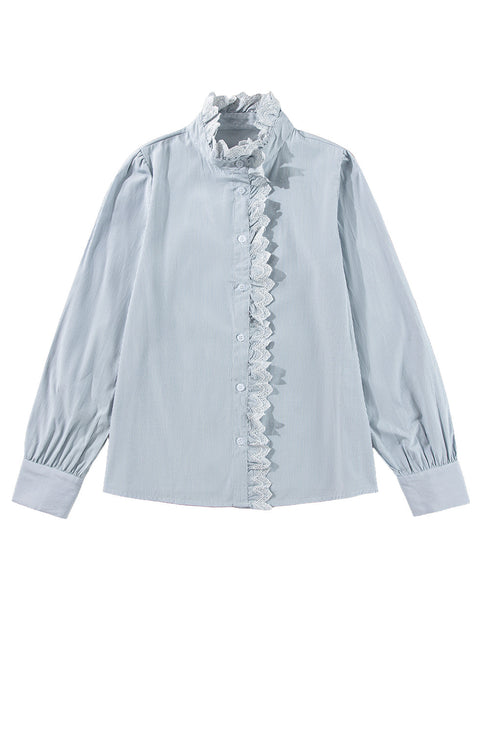 Striped Ruffled Eyelet Trim Cotton Button Down Shirt