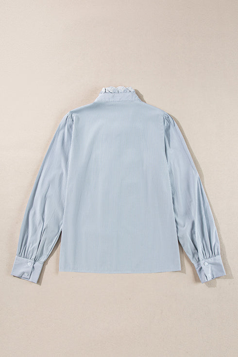 Striped Ruffled Eyelet Trim Cotton Button Down Shirt