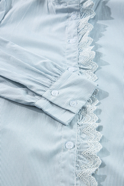 Striped Ruffled Eyelet Trim Cotton Button Down Shirt