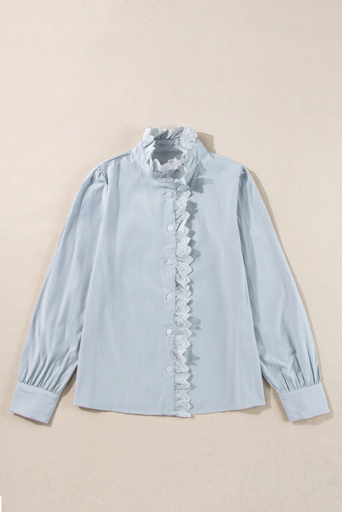 Striped Ruffled Eyelet Trim Cotton Button Down Shirt